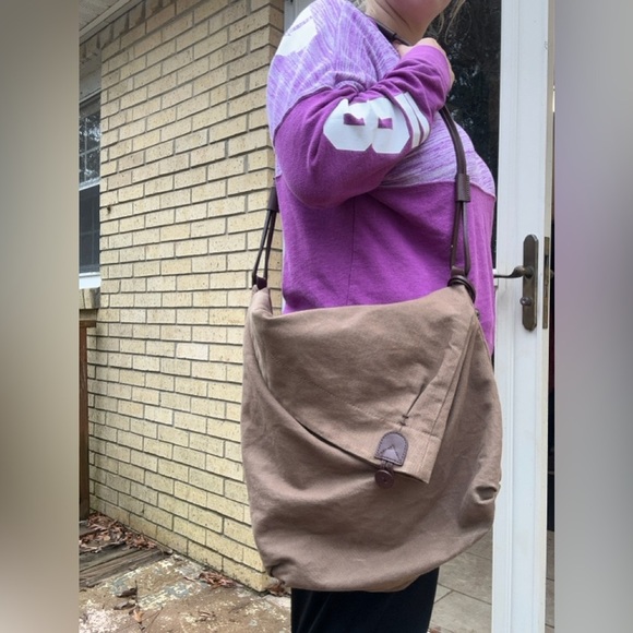 Asymmetrical Leather Cotton Canvas Brown Fold Over Crossbody Messenger Bag - Picture 12 of 16